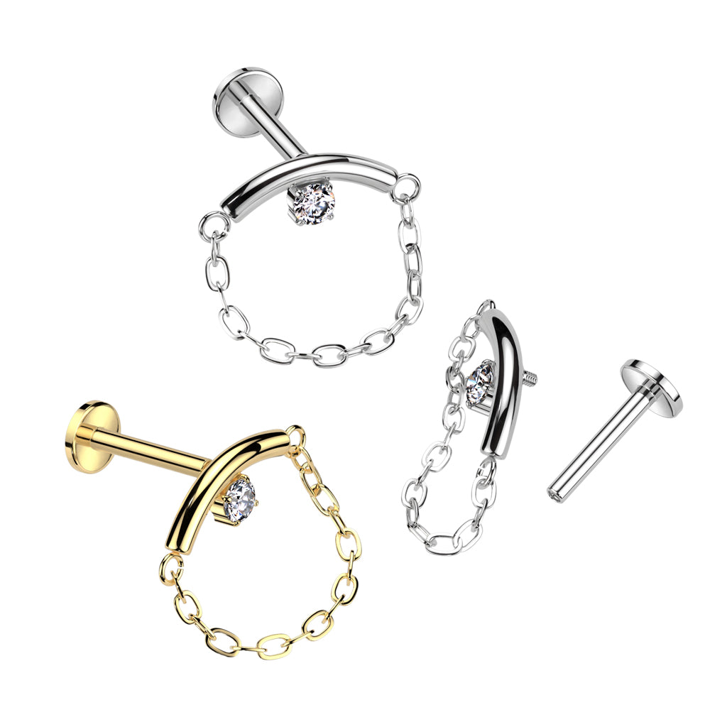 16G Titanium Internally Threaded Labret W/ Chain Link For Hidden Helix Piercings
